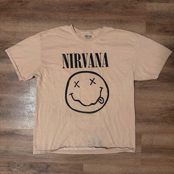 Nirvana Smiley Short Sleeve L/XL Brown Cotton Graphic Band T Shirt - Picture 1 of 6